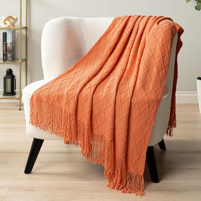 PAVILIA Coral Orange Knit Throw Blanket for Couch Bed, Soft Knitted Farmhouse Sofa Throw for Living Room, Lightweight Decorative Fall Throw Blanket for Chair, Outdoor Textured Boho Blanket, 50x60