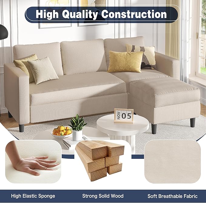 Shintenchi Small Sectional Sofa Couches,L Shape Convertible Sofa with Ottoman,3 Seat Comfy Corduroy Upholstered Sofa Couch,Small Couch for Apartment,Living Room and Office(Beige)