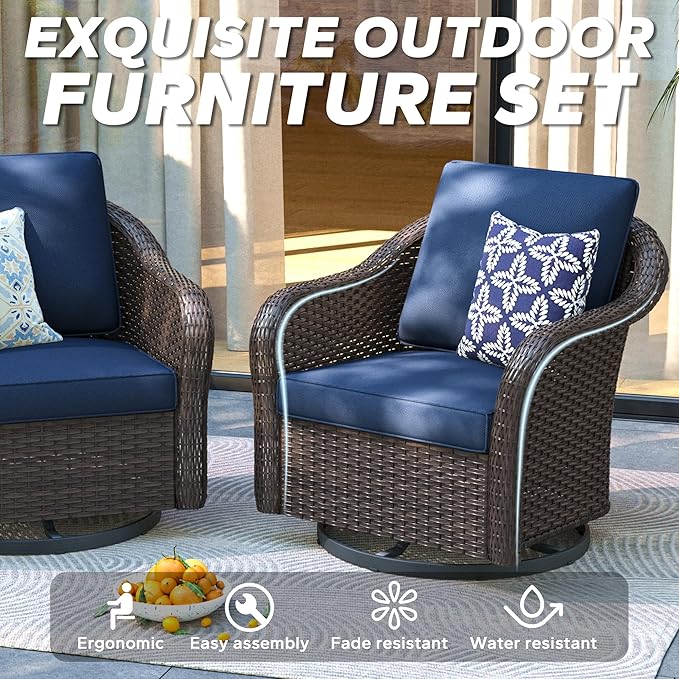 3 Pieces Patio Conversation Set, 78" Wicker 2-Seat Couch with Washable Cushions, Wicker 360 Degree Swivel Glider Rocker Chairs, Sofa for Garden, Lawn (Navy Blue)