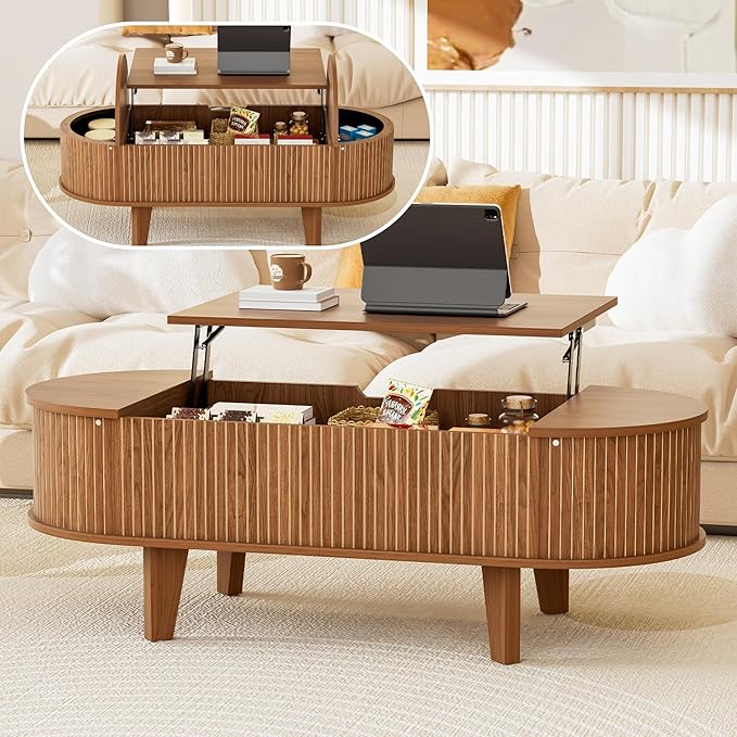 47.2" Lift Top Coffee Table with Storage, Oval Wood Fluted Coffee Table for Living Room, Mid Century Modern Center Table with Flip-Top Design, Walnut