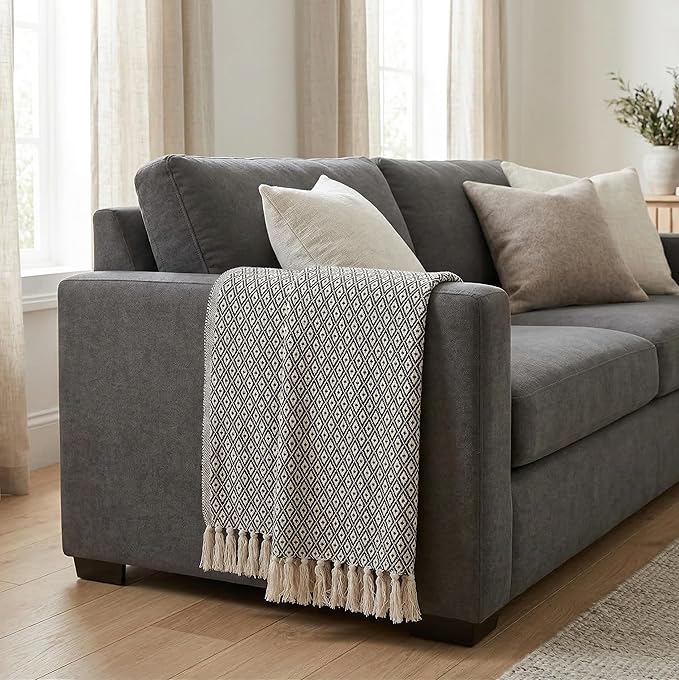 Americanflat 50x60 Throw Blanket - Soft and Breathable Cotton Throw Blanket for Couch, Bed, Chair - Decorative Blankets Perfect for Home, Office, or Outdoor Use - Black and Cream Mini Diamond Design