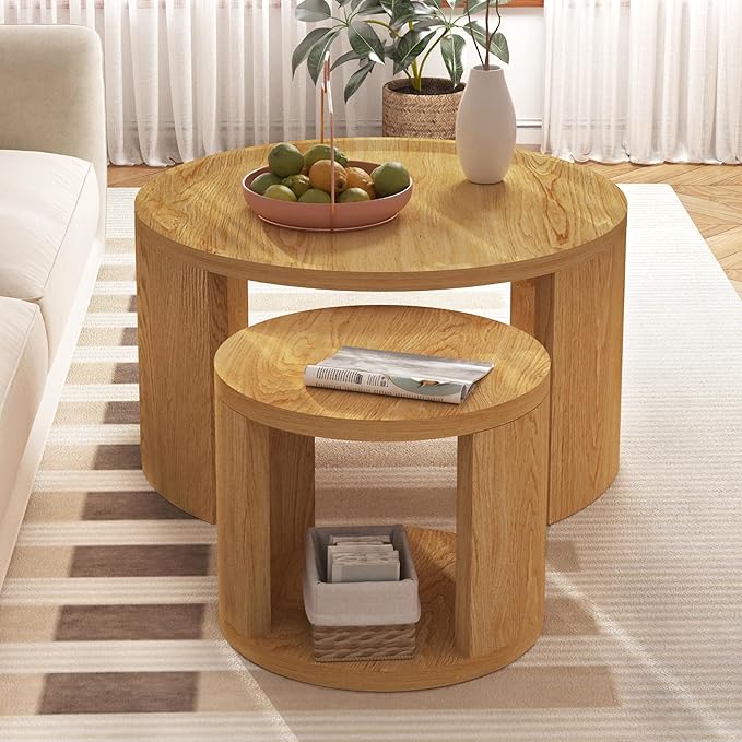 Round Nesting Coffee Table Set of 2, Mid Century Modern Circle Coffee Table, 31.5"&18" Wooden Circle Accent Tables with Wood Top, Minimalist Center Table, Space-Saving Side Table Set for Living Room