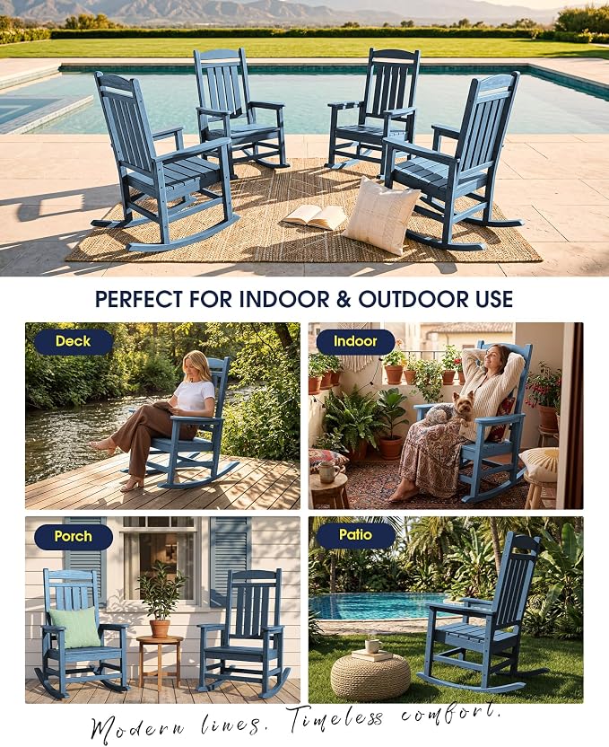 KINGYES Oversized HDPE Patio Rocking Chair Set of 4, Outdoor Rocking Chairs Porch Rocker for Adults, Navy - Image 8
