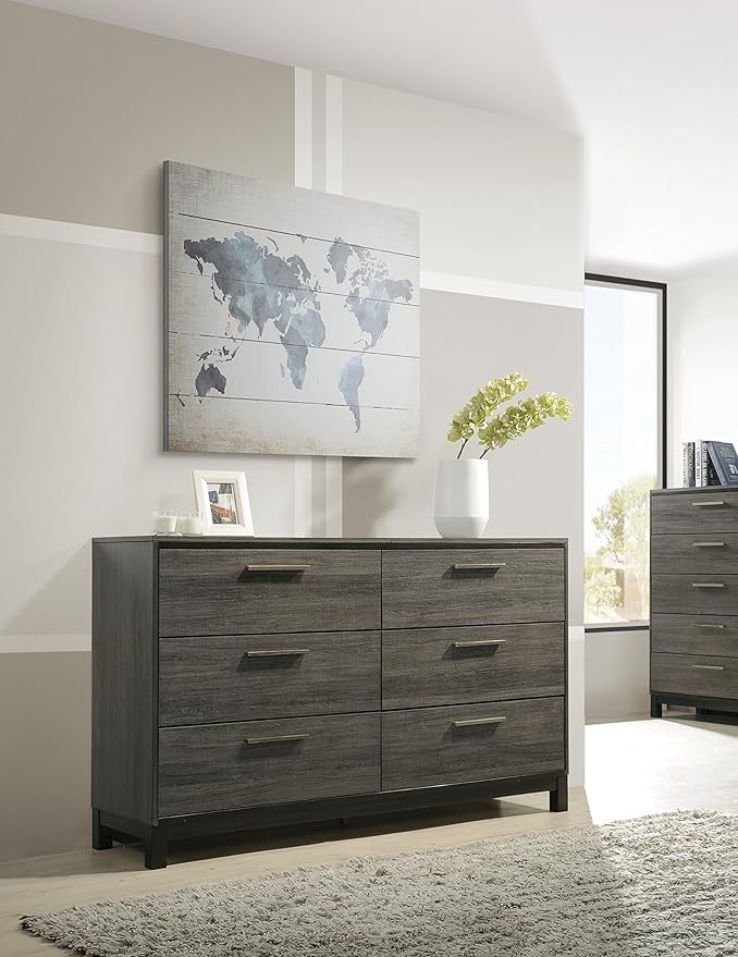 Roundhill Furniture Ioana 187 Antique Grey Finish Wood Bed Room Set, Queen Size Bed, Dresser, Mirror, Night Stand, Chest