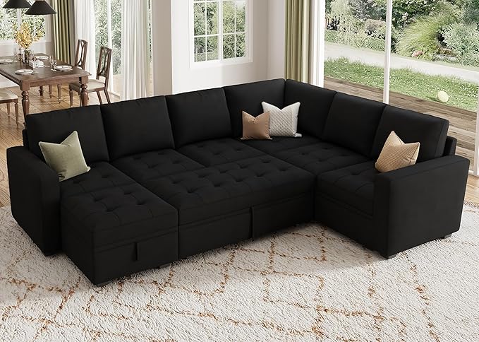 HONBAY Modular Sectional Sleeper Sofa with Pull Out Bed, Velvet Convertible L Shaped Couch with Storage Seat, Sectional Couches for Living Room, Black