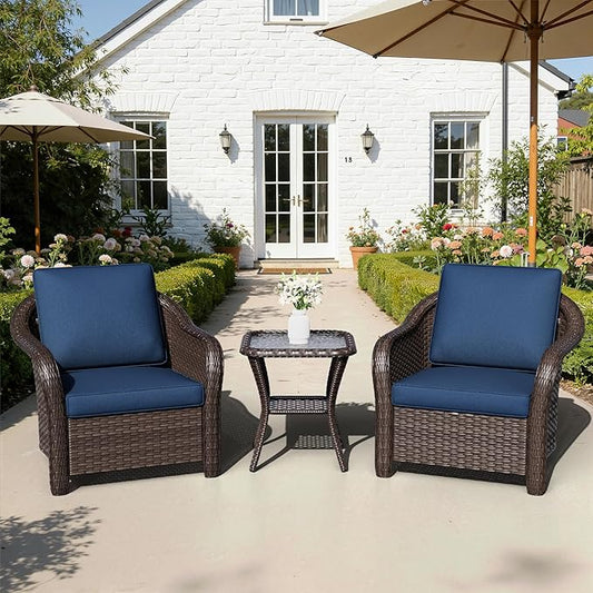Outdoor Chairs with Side Table, Patio Wicker Chairs, Outside Conversation Furniture Set with Washable Cushions for Sunroom, Gazebo, Poolside (Navy Blue)