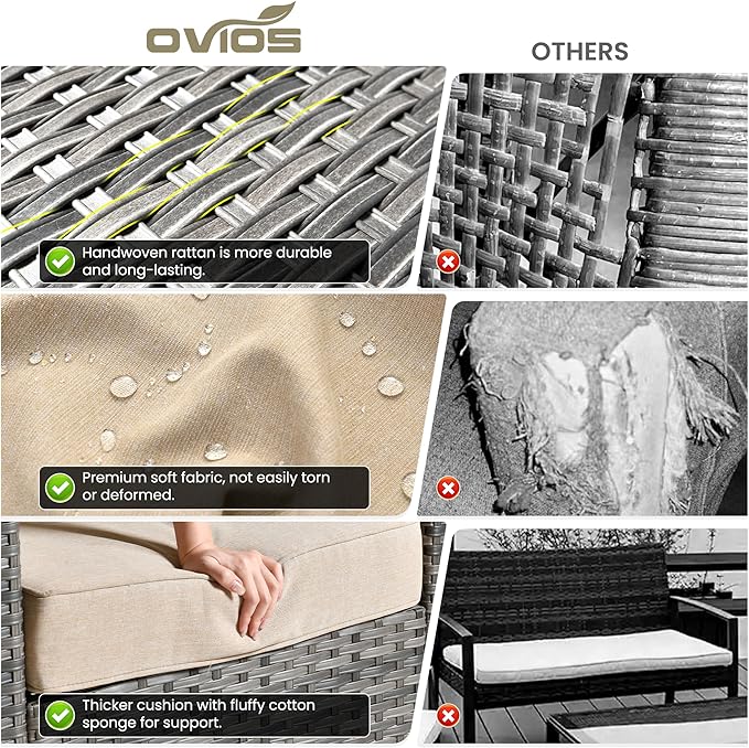 ovios 3-Piece Patio Furniture Set, Outdoor Wicker Sofa with Swivel Chairs, High Back Rattan Gliders Rocker with Comfy Cushions for Porch Yard Deck, Beige