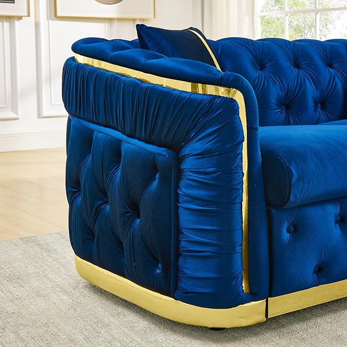 KEIKI 63" Luxury Oversized Velvet Chesterfield Sofa with 2 Pillow & Gold Stainless Decoration, Italian Modern Style 2-Seater Button Tufted Couch with Rolled Arms, Easy Assembly, for Living Room, Navy