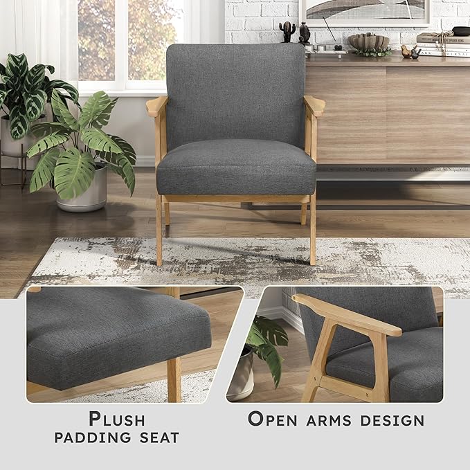 Lexicon Mid Century Modern Accent Chair, Upholstered Lounge Armchair, Single Sofa Seat, Natural Finish Solid Wood Framed Comfy Side Chairs for Living Room/Bedroom/Office/Waiting Area, Dark Gray