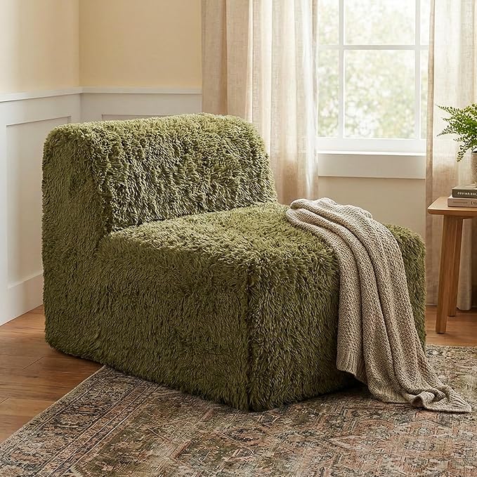 Furniture of America Havyn Modern Faux Fur 1-Seater Modular Armless Foam Sofa Chair with Deep Seat, Compressed Couch in a Box, No Assembly Required, for Living Room and Office, Olive Green