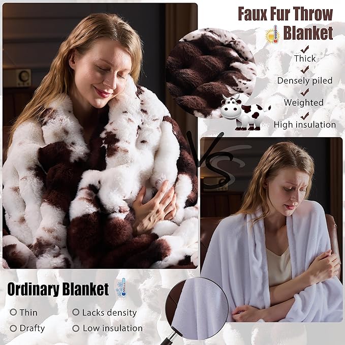 Faux Fur Throw Blanket for Couch, Fluffy Fuzzy Plush Bubble Blanket, Soft Warm Cozy Shaggy Rabbit Blanket, Luxury Decorative Gifts for Sofa Bedroom Living Room, 108x90inch (Cow Print-Brown)