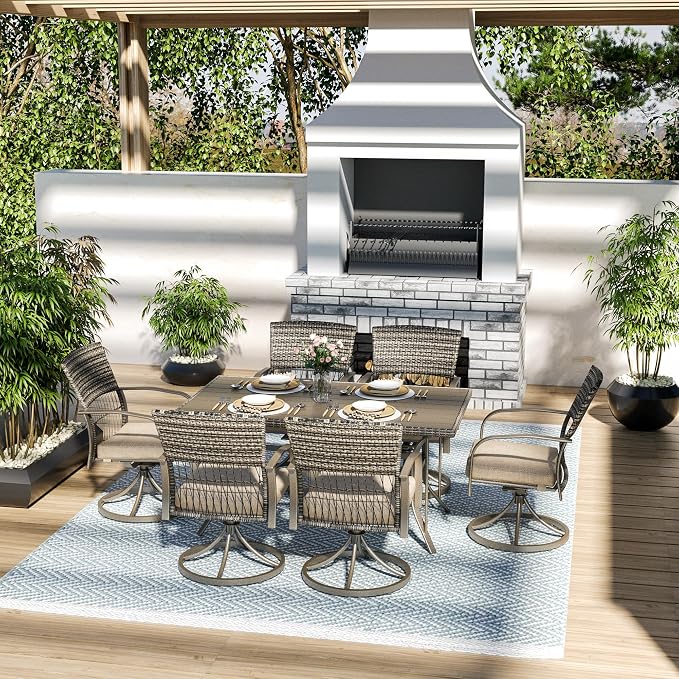 Pamapic 7-Piece Outdoor Dining Set with Swivel Rocker Chairs, Wicker Patio Furniture for 6, Poolside Garden Deck with Iron Table & Removable Cushions(Beige) - Image 4