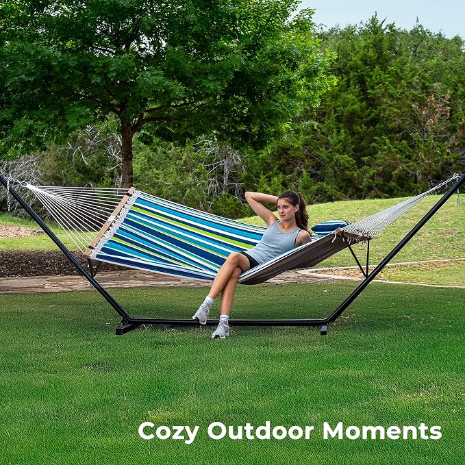 SUPERJARE Hammock with Stand, 2 Person Quilted Outdoor Hammock, Detachable Pillow & Bamboo Spreaders, Portable Hammock with Carrying Bag, Heavy Duty Stand, Perfect for Outside, Patio, Dark Cyan - Image 2