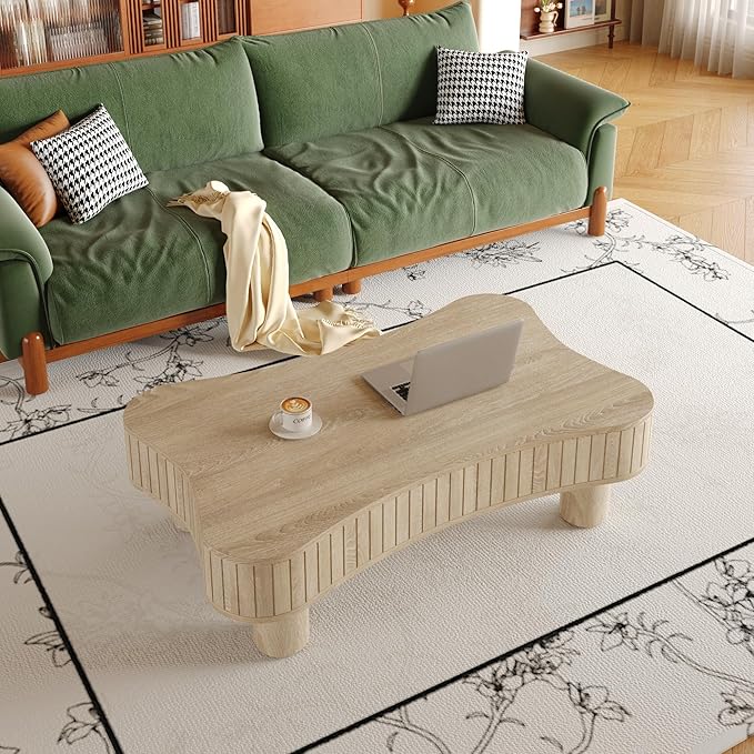 42.52'' Cloud Coffee Table with Lifting Top for Living Room Irregular Coffee Table with Storage Modern Low Cute Wooden Fluted Center Tables Pull Up Tables Grey