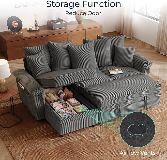 LINSY HOME 90.5'' Sectional Sleeper Sofa with Pull Out Couch Bed Modular (Gray, 90.5'') | USB Charging, Pillow-style Armrest, Multiple Cushions, Storage Chaise, Corduroy Fabric