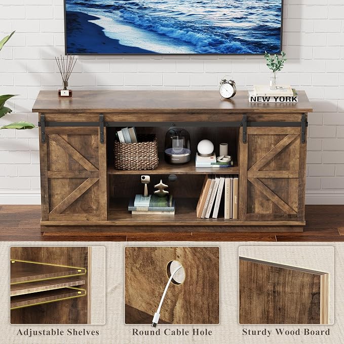 YESHOMY TV Stand for Televisions up to 65 Inches, with Sliding Barn Doors and Storage Cabinets, Console Table and Media Furniture for Living Room, 58 Inch, Barnwood - Image 6
