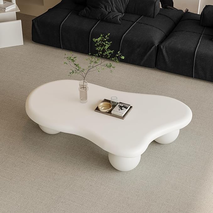 47.2” Cloud Coffee Table with 3 Ball Legs, Modern Irregular Center Table for Living Room, Low Cute Small MDF Tea Table for Bedroom, Space Apartment Cream White