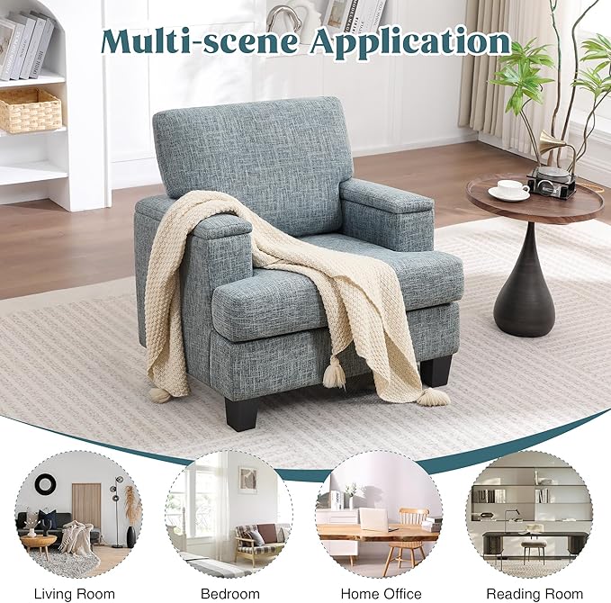 Modern Accent Chairs Set of 2 with Armrest Storage, Oversized Upholstered Reading Chairs, Comfy Large Armchairs, Fabric Single Sofa Chair for Living Room Bedroom (Bluish Grey)
