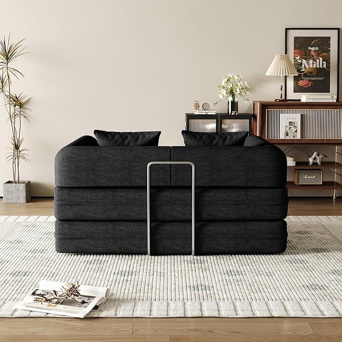 53.15'' Convertible Compressed Corduroy Folding Cloud Sofa Bed, Modern Boneless Pull Out Loveseat Sleeper in a Box, 4 in 1 Floor Mattress Futon Cloud Couch, No Assembly Needed, Black, 2 Pillows, Full