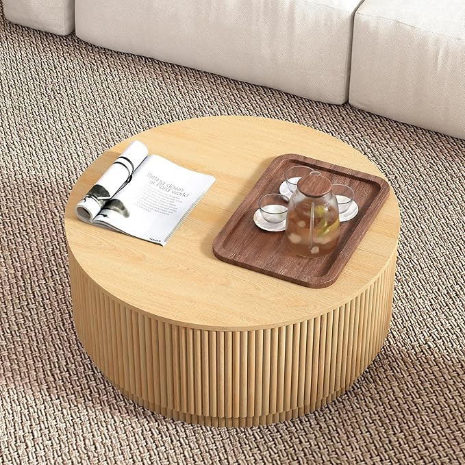 LEVNARY 31.5" Round Coffee Table with Storage, Boho Coffee Tables with Fluted Base, Wooden Circle Accent Center Table for Living Room Small Space Apartment Office (Natural)