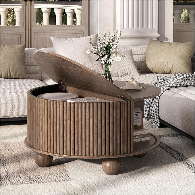 Round Coffee Table with Storage, 31.5" Mid Century Modern Coffee Table with Sliding Door & Bun Feet, Minimalist Fluted Center Table for Living Room, Home Small Space, Walnut