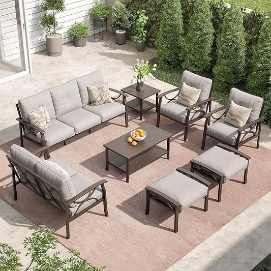 RoyalCraft Outdoor Patio Furniture Set, 8 Piece Patio Conversation Set with Coffee Table Side Table and Ottomans, Metal Furniture Set for Porch Backyard Garden, Grey