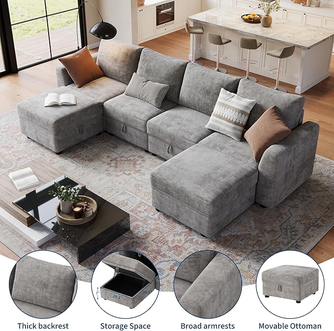 Sectional Couches for Living Room, Cloud Couch Sectional with Large Storage, l-Shape Modular Sectional Sofa with Ottoman (Gray 6-Seater)