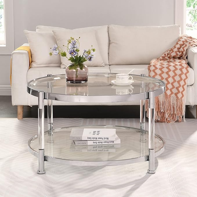 32" Tempered Glass Round Coffee Table Modern Chrome Frame Acrylic Legs Circle Living Room Center Tables