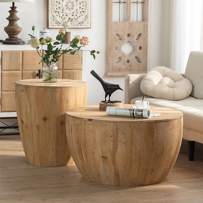 Vintage Style Bucket Shaped Coffee Table, Drum Coffee Table for Office, Dining Room and Living Room, Nature(Two-Piece Set)