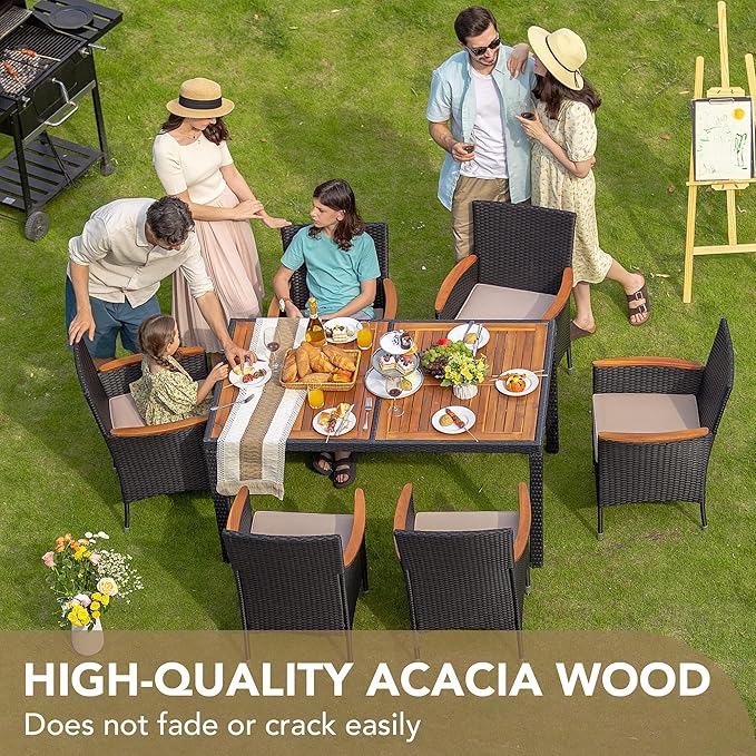 Devoko Dining 7 PCS Furniture, Patio Conversation Set with Acacia Wood Table Top, Outdoor, Beige Cushion and Black Rattan - Image 3