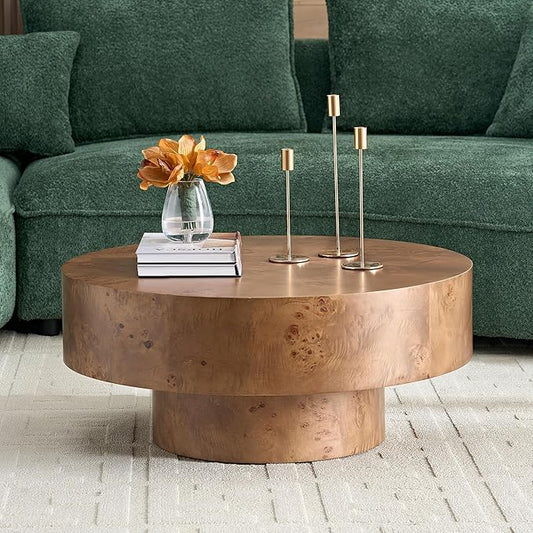 Round Coffee Table for Living Room,31.49" Modern Circle Drum Center Table with Burl Wood Veneer & Sturdy Pedestal,Small Wooden Circular Coffee Table for Apartment,Easy Assembly (Walnut)