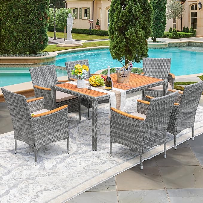 Devoko Dining 7 PCS Furniture, Patio Conversation Set with Acacia Wood Table Top, Outdoor, Beige Cushion and Grey Rattan - Image 9