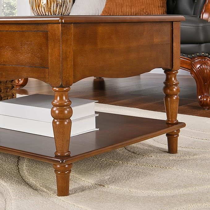 Living Room Table Set-One Rectangular Coffee Table and Two Square End Tables with Storage Drawer, Elegant Vintage Sofa Center Table with Wood Carved legs, No-Tools Assembly, Caramel Brown KFZ-BZ-C008