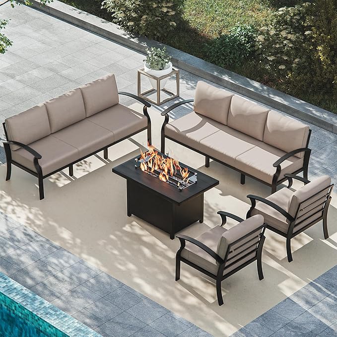 ALAULM Aluminum Patio Furniture Set with Propane Fire Pit Table 8-seat Metal Outdoor Furniture w/Fire Pit Patio Conversation Set w/5.1" Cushions for Patio, Backyard, Poolside-Sand