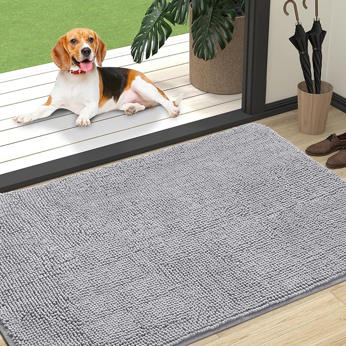 OLANLY Dog Door Mat for Muddy Paws 47x32, Absorbs Moisture and Dirt, Absorbent Non-Slip Washable Doormat, Quick Dry Chenille Mud Mat for Dogs, Entry Indoor Entryway Carpet for Inside Floor, Light Grey by OLANLY