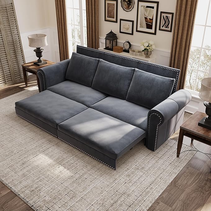 Eafurn 93.7" King Size Pull Out Sofa Bed, 3-in-1 Convertible Sleeper Sofa Couch Bed with Nailhead Decor and Rolled Arms, Velvet Oversized Chesterfield Loveseat Chaise Lounge