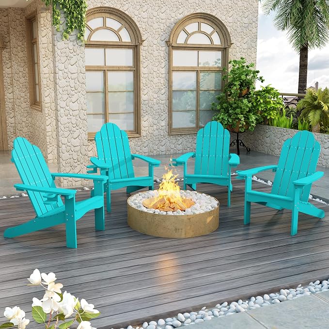 LUE BONA HDPS Adirondack Chairs Set of 4, Fire Pit Outdoor Chair Weather Resistant with Cup Holder, Modern Plastic Chair Plastic for Patio, Deck, Proch, 350LBS, Aruba Blue by LUEBONA