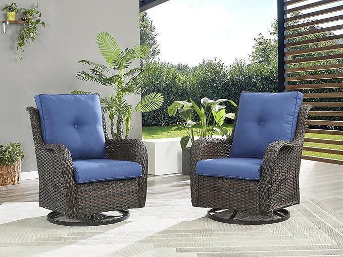 Rilyson Wicker Rocking Chair Swivel Chairs - 3 Piece Rocker Patio Furniture Set Rattan Rocking Bistro Sets with Glass Top Side Table for Outdoor Porch Deck Garden Backyard (Brown/Blue)
