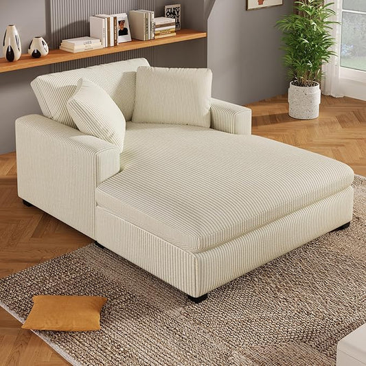 Christopher Knight Home Larrz Oversized Chaise Lounge Chair Indoor, Corduroy Upholstered Sleeper Sofa Couch, Durable Wood Frame, Deep Seat Reading Chair with 2 Throw Pillows and Armrests, Beige