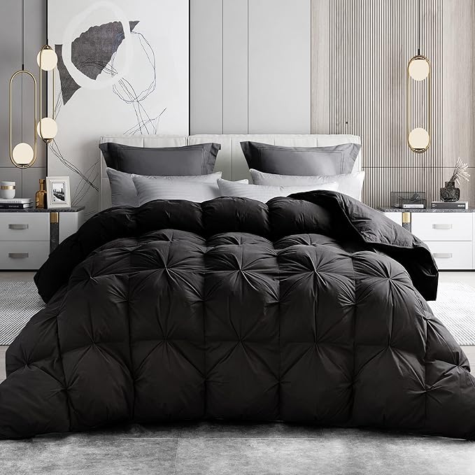 Alanzimo Luxurious Goose Down Feather Fiber Comforter Queen Size All Season Noiseless Down Proof Cotton Cover Black Warm Medium Warmth Down Feather Duvet Insert with 8 Tabs