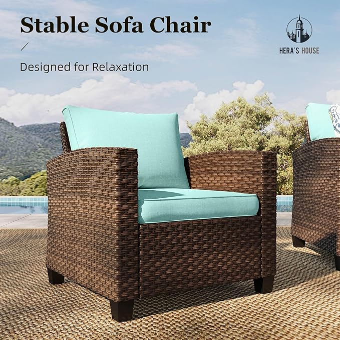 HERA'S HOUSE Wicker Patio Furniture Set, 5 Pieces Outdoor Furniture Set, Deep Seating Patio Conversation Sofa Sets for Lawn Deck Backyard, Blue