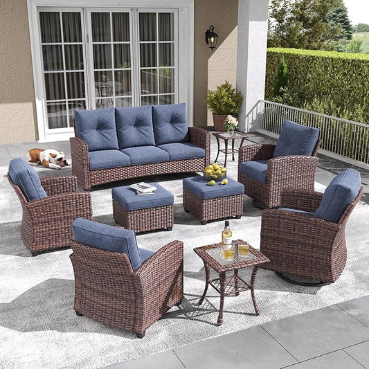 LayinSun 9 Pieces Patio Furniture Set with Swivel Chairs, Rattan Wicker Rocking Glide Chairs with Coffee Table Conversation Set