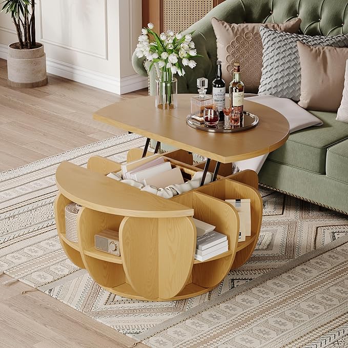 32.7" Lift Top Coffee Table with Storage, Natural Wood Round Center Table with Hidden Storage Compartment & Shelves, Mid Century Modern Coffee Tables for Living Room Rustic Accent Small Center Table