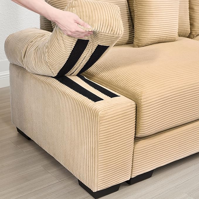 KEIKI 117" U-Shaped Oversized Corduroy Modular Cloud Sectional Sofa with 1 Ottoman, High-Density Foam Cushion, Extra-Thick Armrest, 4-Seater Fluffy Corner Couch with 14 Pillow, for Living Room, Camel