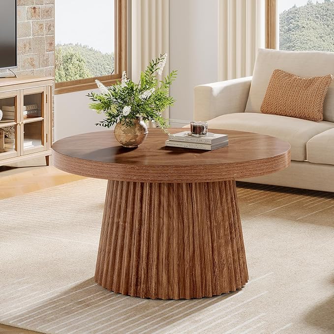 Tribesigns Coffee Table, 31.5" Small Farmhouse Round Coffee Tables with Fluted Drum Base, Mid Century Modern Farmhouse Accent Center Table for Living Room, Apartment, Small Space, Walnut