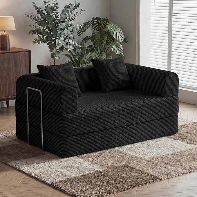 HouseMila 59" Boneless Couch,4-in-1 Futon Sofa Bed Modular Loveseat Sleeper Folding Compressed Couch with Pillows,No Assembly Required Convertible Sofa Bed for Living Room Bedroom Guest Room,Black