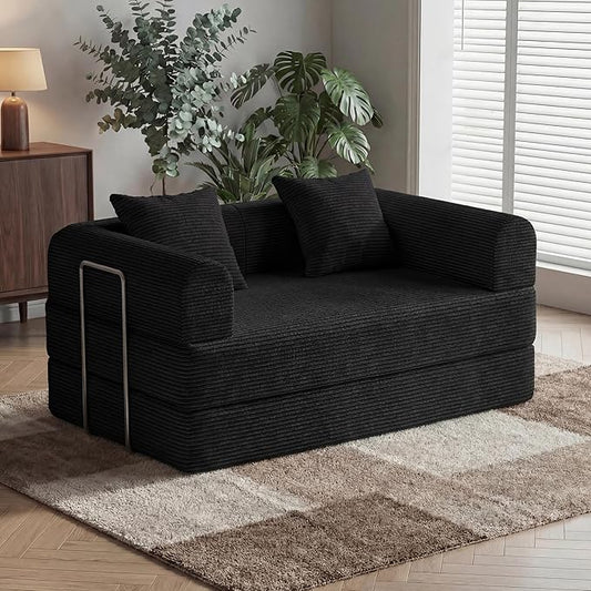 HouseMila 59" Boneless Couch,4-in-1 Futon Sofa Bed Modular Loveseat Sleeper Folding Compressed Couch with Pillows,No Assembly Required Convertible Sofa Bed for Living Room Bedroom Guest Room,Black