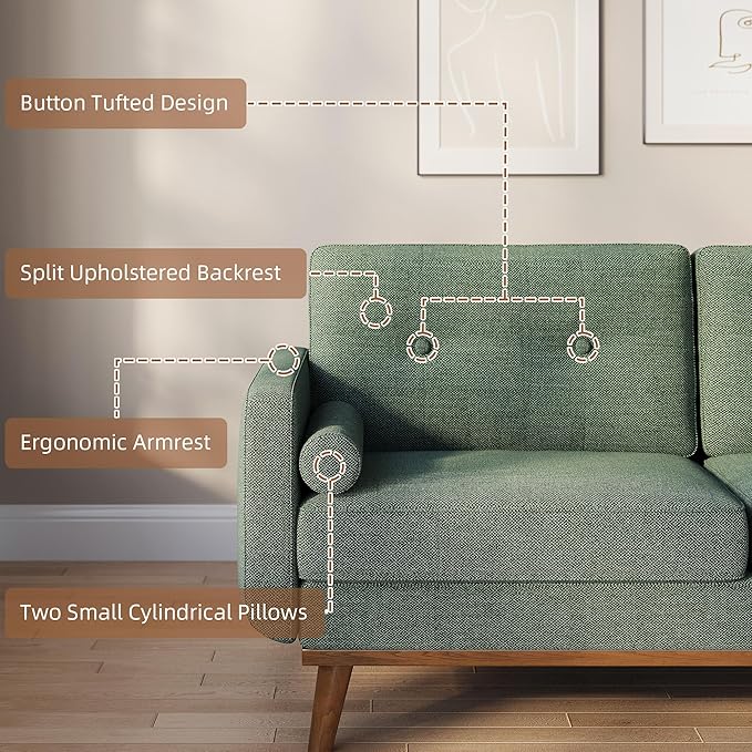 Garvee 65 in Mid Century Modern Loveseat Sofa for Small Spaces, 2 Seater Linen Upholstered Couch with Button Tufted Design & Wood Legs, Small Couch for Living Room, Bedroom, Office, Apartment, Green