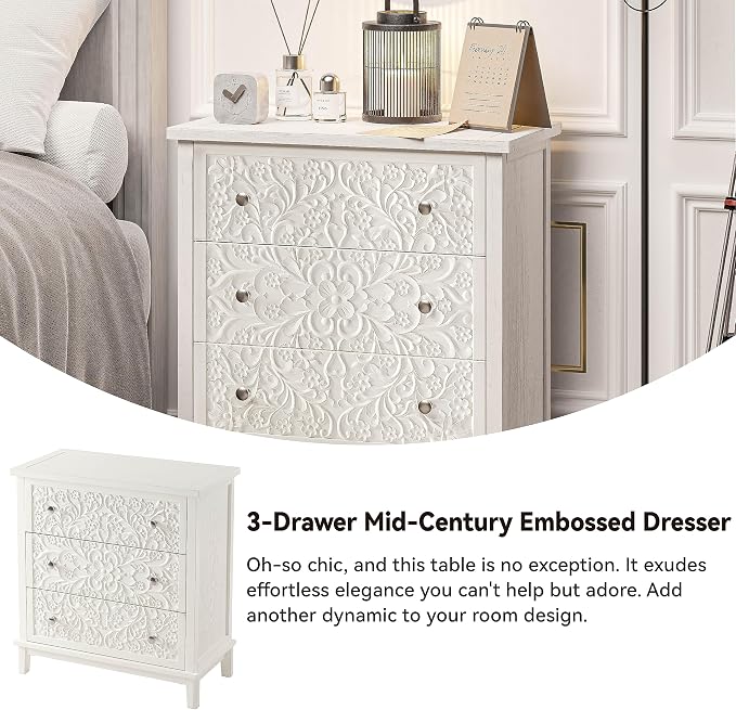 COZAYH 3-Drawer Fully-Assembled Flower Motif Dresser, Set of 2 Nightstand for French Country, Farmhouse, Modern, Rustic Style, Distressed Finish, White-Washed - Image 4