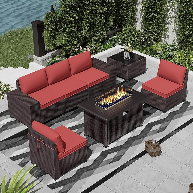 7 PCS Outdoor Patio Furniture Set,Outdoor Sectional Furniture with 43" 55000 BTU Gas Propane Fire Pit Table,All Weather PE Rattan Wicker Patio Conversation Set,Red